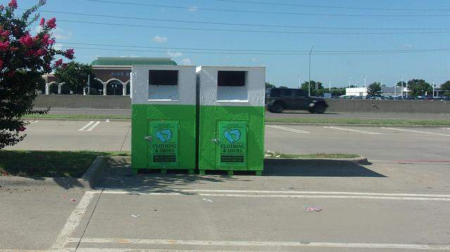 North Richland Hills says it has removed this clothing donation bins like this one because they do not have a charity name or contact information listed on the structures.